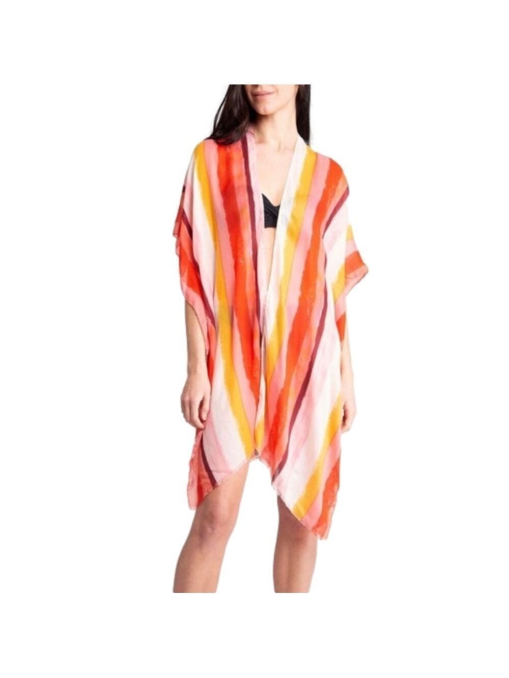 Janice Apparel Women's Striped Print Orange White Long Scarf Cover Up Kimono